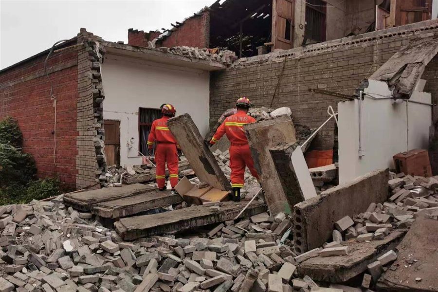Firefighters do rescue work at an earthquake hit area in Quan'an Town of Neijiang City, southwest China's Sichuan Province, Sept 8, 2019 - Xinhua
