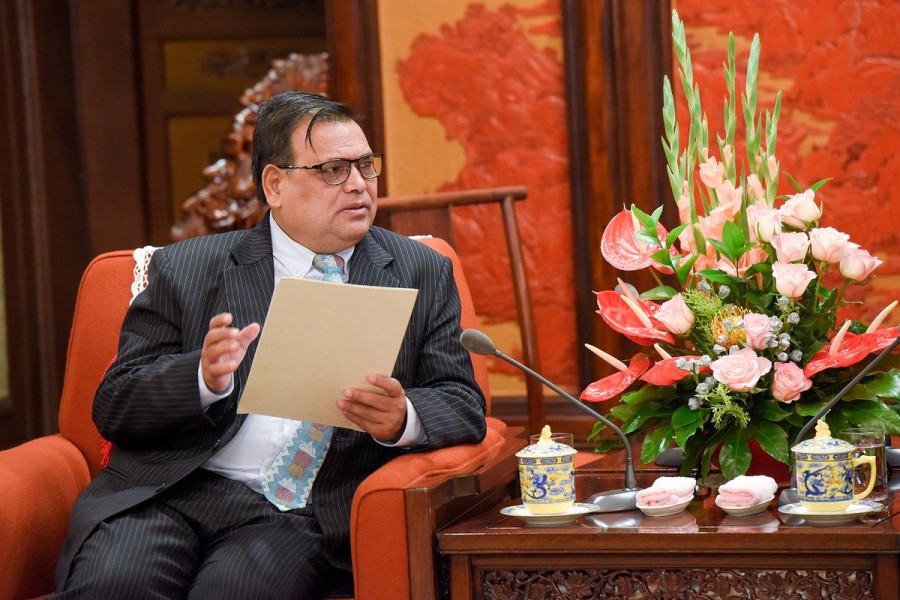 FILE PHOTO: Deputy Prime Minister of Nepal Krishna Bahadur Mahara speaks during his meeting with Chinese Premier Li Keqiang (not pictured) at Zhongnanhai Leadership Compound in Beijing, China September 7, 2017. REUTERS/Etienne Oliveau/Pool