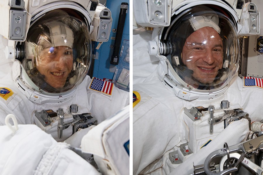 Astronauts Christina Koch and Andrew Morgan are pictured in their US spacesuits during another spacewalk earlier this year — NASA photo