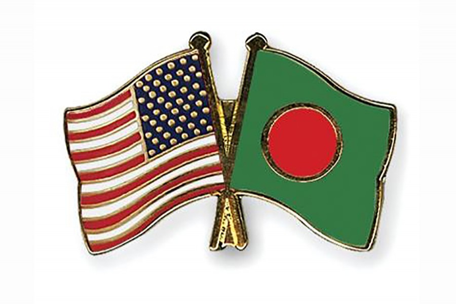 Flags of Bangladesh and the United States of America are seen cross-pinned in this photo symbolising friendship between the two nations