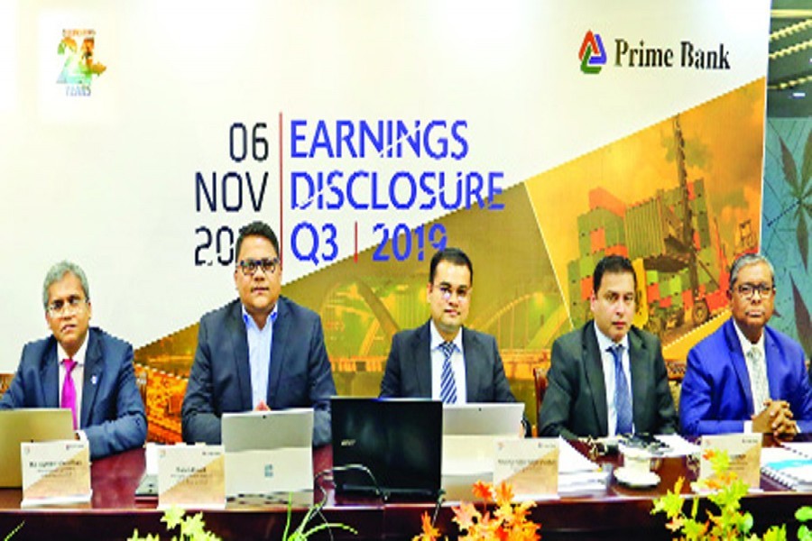 Prime Bank formally disclosed its 3rd Quarter-2019 financial reports at its head office in Dhaka on Wednesday. Rahel Ahmed (2nd from left), Managing Director & CEO spoke on the overall situation prevailing in the banking industry and also highlighted future plan of the Bank