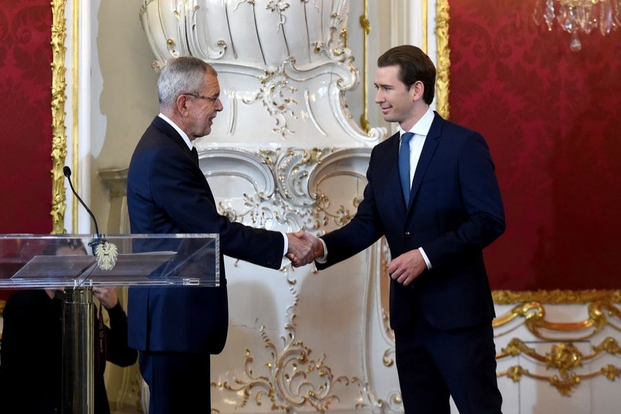 Austria's new Chancellor Sebastian Kurz (R) shakes hands with Austria's President Alexander Van der Bellen during the swearing-in ceremony in Vienna, Austria, Jan. 7, 2020.(Xinhua/Guo Chen)