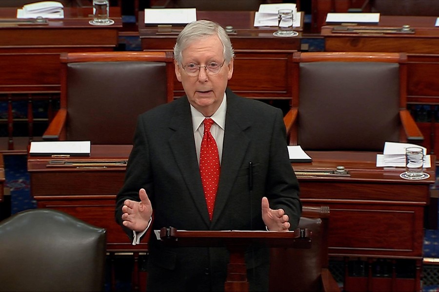 Senate Majority Leader Mitch McConnell (R-KY) speaks during debate ahead of the reconvening of the US Senate impeachment trial of US President Donald Trump in this frame grab from video shot in the US Senate Chamber at the US Capitol in Washington, US on January 21, 2020 — US Senate TV/Handout via Reuters