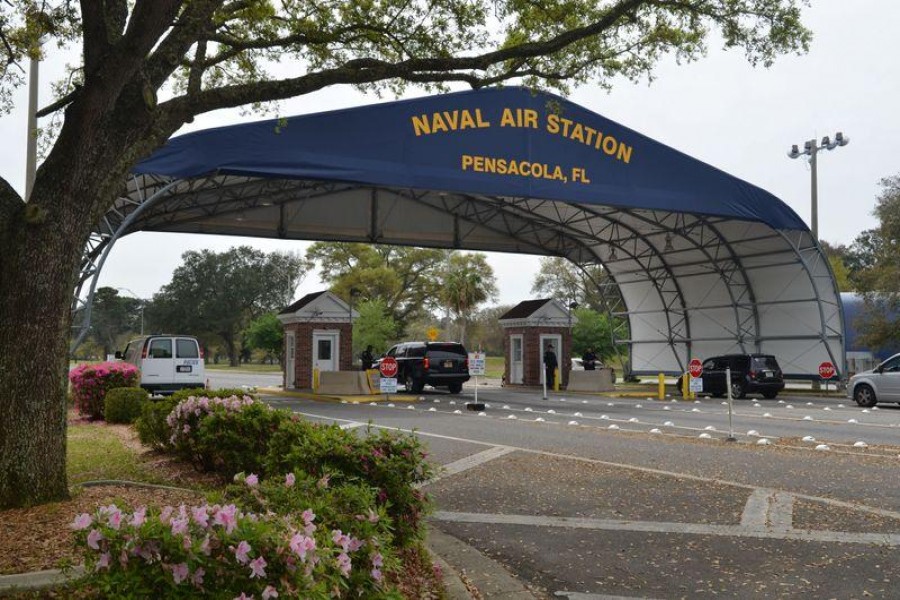 The main gate at Naval Air Station Pensacola is seen on Navy Boulevard in Pensacola, Florida, U.S. March 16, 2016. Picture taken March 16, 2016. U.S. Navy/Patrick Nichols/Handout via REUTERS