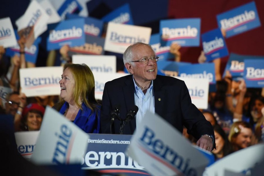 US Democratic presidential candidate senator Bernie Sanders celebrates with his wife Jane after being declared the winner of the Nevada Caucus while holding a campaign rally in San Antonio, Texas, US, February 22, 2020. Reuters