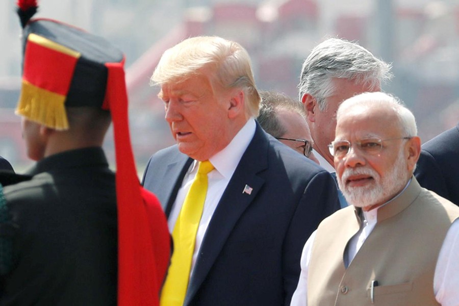 US President Donald Trump is welcomed by Indian Prime Minister Narendra Modi as he arrives at Sardar Vallabhbhai Patel International Airport in Ahmedabad, India on February 24, 2020 — Reuters photo