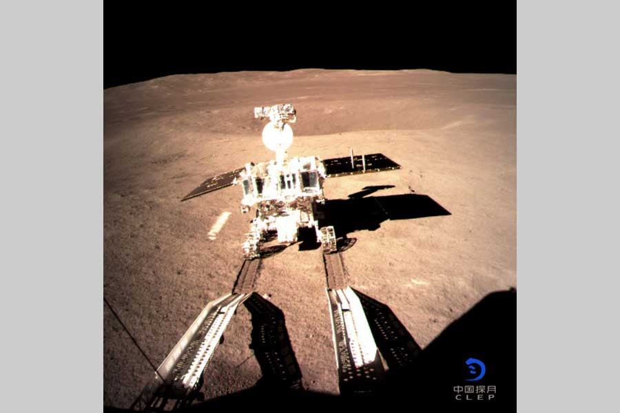 Photo provided by China National Space Administration on Jan. 3, 2019 shows Yutu-2, China's lunar rover, leaving a trace after touching the surface of the far side of the moon. (Xinhua)