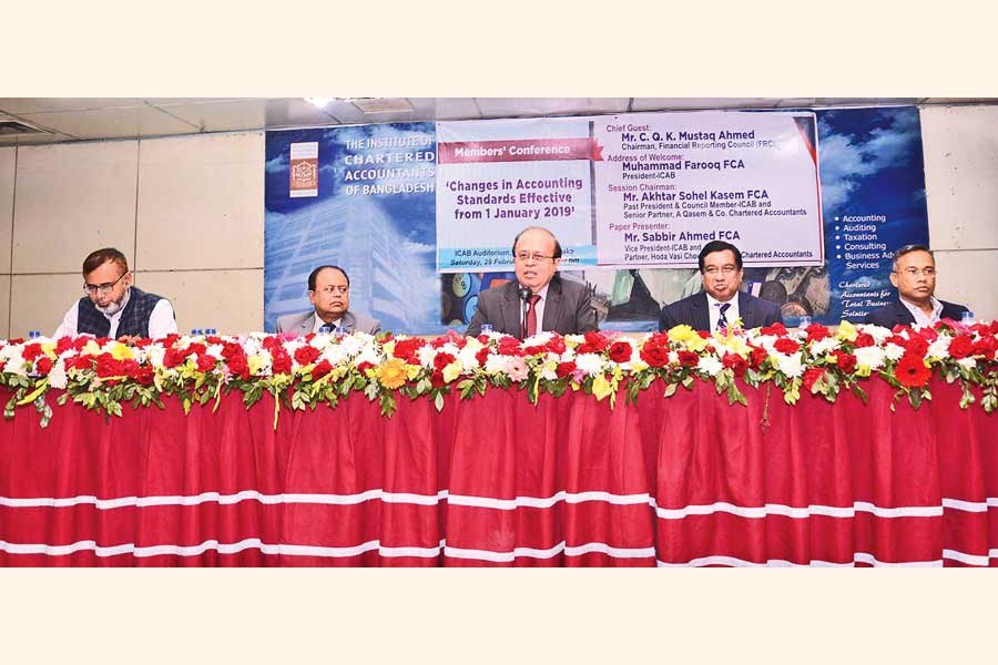C. Q. K. Mustaq Ahmed, Chairman, Financial Reporting Council (FRC), speaking at the Members' Conference on 'Changes in Accounting Standards Effective from 1 January 2019' organised by the Institute of Chartered Accountants of Bangladesh (ICAB) on Saturday at CA Bhaban in the city.