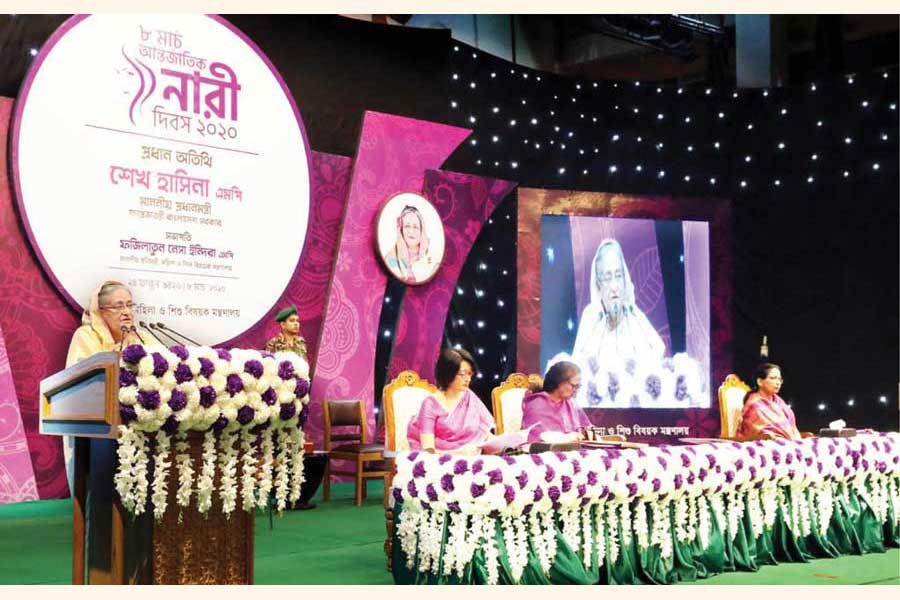 Prime Minister Sheikh Hasina speaks during an event marking the International Women's Day at Osmani Memorial Auditorium in Dhaka on Sunday, March 8, 2020.                 —Photo: Focus Bangla