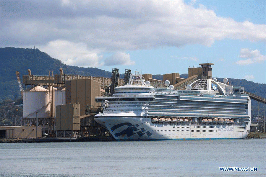 The Ruby Princess cruise ship docks at Port Kembla in Wollongong, Australia, April 6, 2020. Australian authorities launched a criminal investigation Sunday into the COVID-19 infected cruise ship, which was allowed to dock in Sydney before releasing thousands of passengers directly into the community. (Photo by Zhu Hongye/Xinhua)   