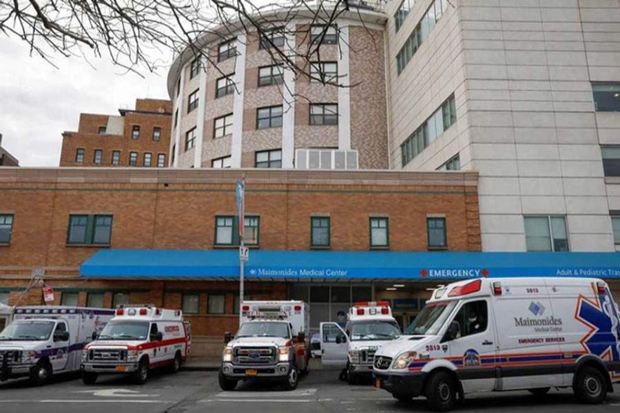Ambulances are seen outside the emergency centre at Maimonides Medical Centre during the outbreak of the coronavirus disease (Covid-19) in the Brooklyn borough of New York, US, Apr 14, 2020. REUTERS