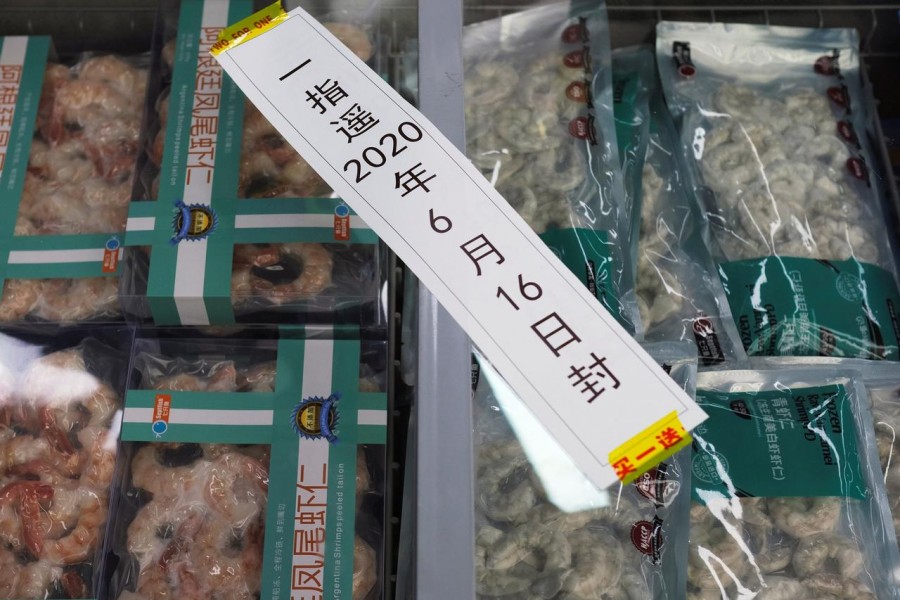 Frozen seafood products made of imported shrimps are seen inside a sealed freezer at a supermarket following a new outbreak of the coronavirus disease (COVID-19) in Beijing, China June 19, 2020. REUTERS/Carlos Garcia Rawlins
