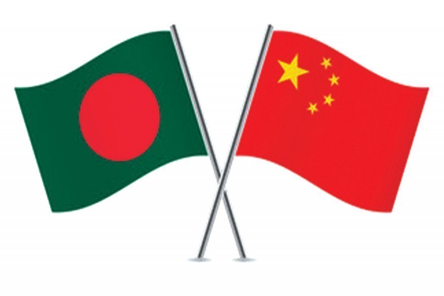 Flags of Bangladesh and China are seen cross-pinned, symbolising friendship between the two nations — Collected Photo