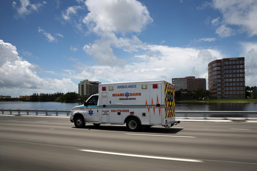 An ambulance is seen in a main highway, as Miami-Dade County eases some of the lockdown measures put in place during the coronavirus disease (Covid-19) outbreak, in Miami, Florida, US on June 18, 2020 — Reuters/Files