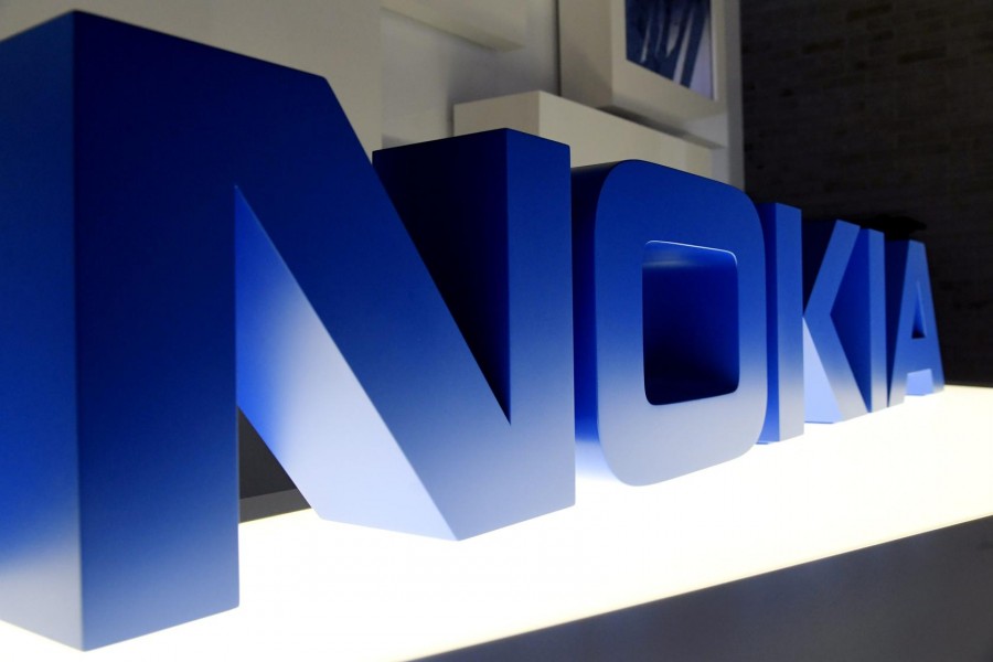 The logo of Nokia is seen before the company's news conference in Espoo, Finland March 2, 2020. Lehtikuva/Markku Ulander via REUTERS