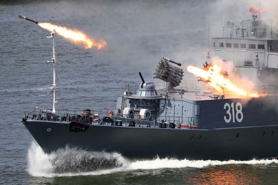 The Russian small anti-submarine ship Aleksin fires missiles during the Navy Day parade in Baltiysk, Kaliningrad region, Russia July 26, 2020. Reuters