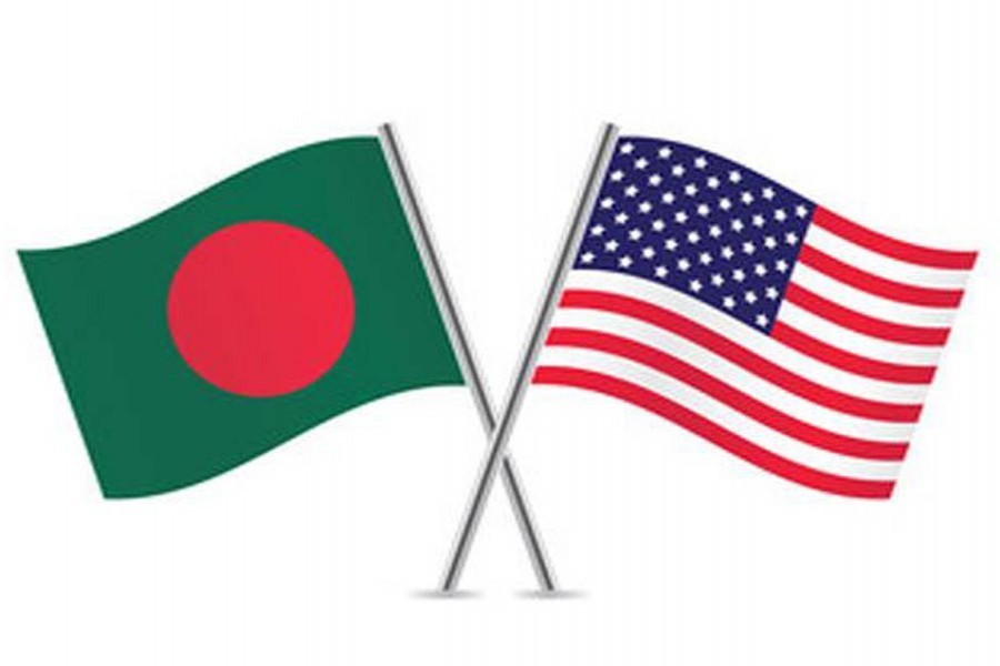 Flags of Bangladesh and the USA are seen cross-pinned in this photo symbolising friendship between the two nations
