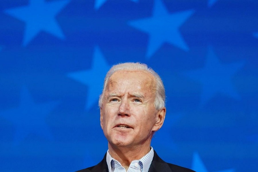 Democratic US presidential nominee Joe Biden makes a statement on the 2020 US presidential election results during a brief appearance before reporters in Wilmington, Delaware, US, November 5, 2020 — Reuters
