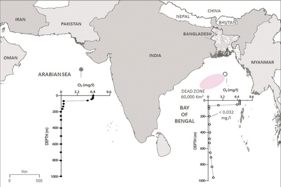 Dead Zone of 60,000 km2 has been discovered by a group of multinational scientists of Bristow et al., (2016). The Bay of Bengal OMZ still shows a trace of oxygen below 70m depth, ranging from .032-.064 mg/l, albeit way below the Oxygen level (5 mg/l) needed to support aquatic life and other uses. On the other hand, the Arabian Sea has no oxygen, causing devastating effects on its ecosystem and losing its Nitrogen balance unlike any other ocean in the world. Figure reproduced from Naqvi et al. (2006)