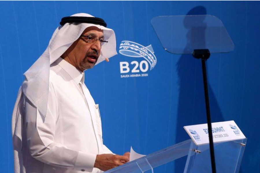 FILE PHOTO: Saudi Arabian Investment Minister Khalid al-Falih, speaks during a virtual meeting of B20 at the Saudi Business Group summit in Riyadh, Saudi Arabia October 26, 2020. REUTERS/Ahmed Yosri