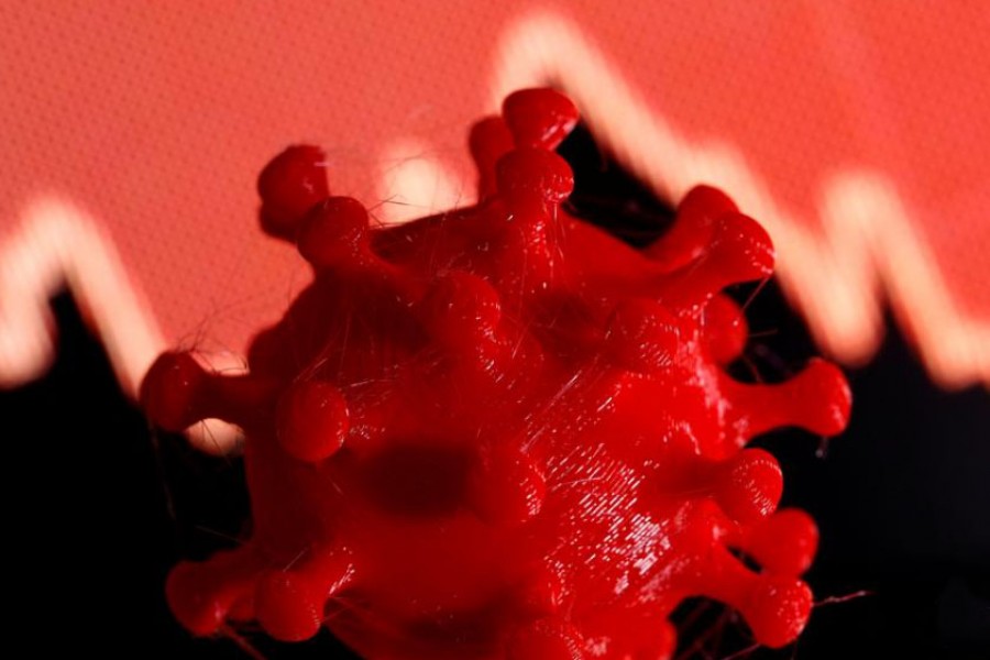 A 3D-printed coronavirus model is seen in front of a stock graph on display in this illustration taken March 25, 2020. REUTERS/Dado Ruvic/Illustration/File Photo