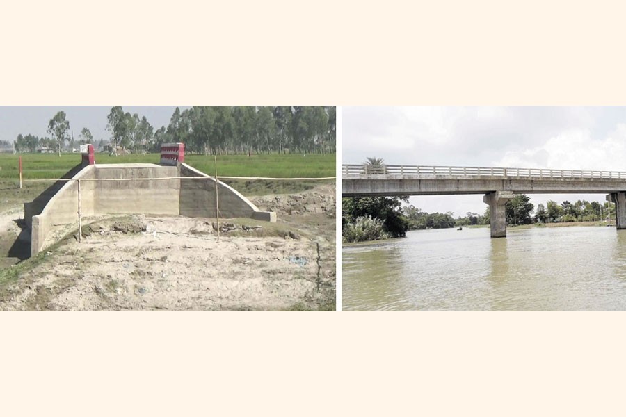 A combination of photos shows a bridge without approach roads near Gazaria Shelter Project under Fulchhari in Gaibandha (left) and a partial view of the unused bridge on the Rokti River in Jamalganj of Sunamganj — FE