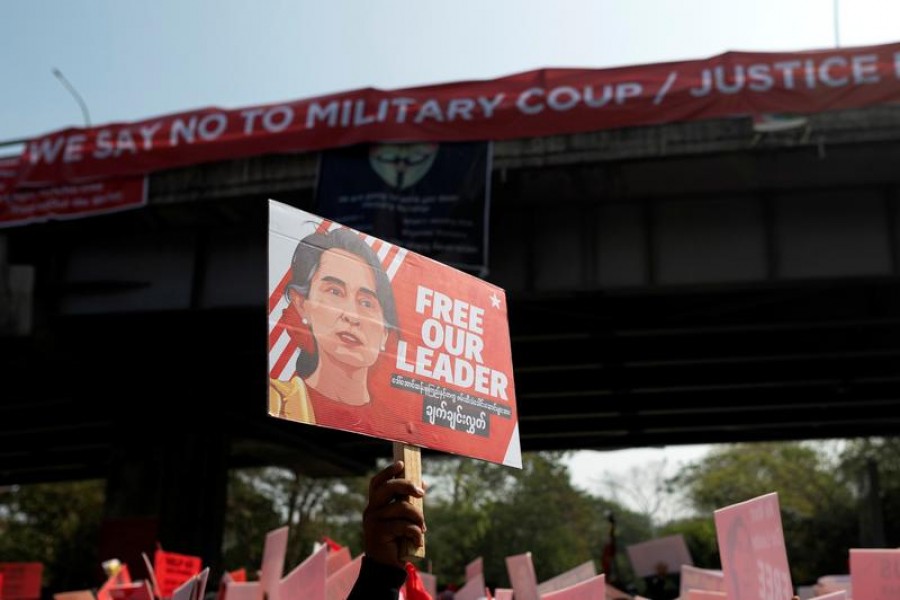 People take part in a protest against the military coup in Yangon, Myanmar, February 16, 2021 — Reuters