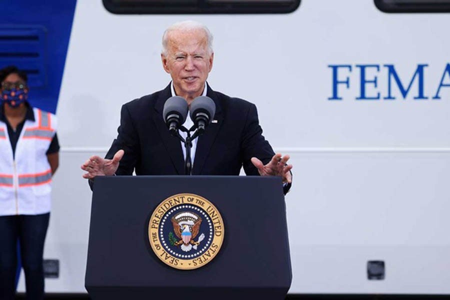 US President Joe Biden speaks after touring a Federal Emergency Management Agency (FEMA) vaccination facility for the coronavirus disease (COVID-19) at NRG Stadium in Houston, Texas, US, February 26, 2021. REUTERS