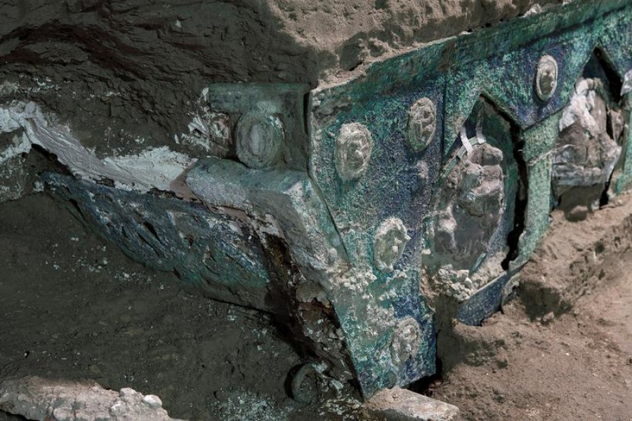 An ancient-Roman ceremonial carriage is discovered in a dig near the ancient Roman city of Pompeii, destroyed in 79 AD in volcanic eruption, Italy, February, 2021 — Pompeii Archeological Park/Ministry of Cultural Heritage and Activities and Tourism/Luigi Spina/Handout via Reuters