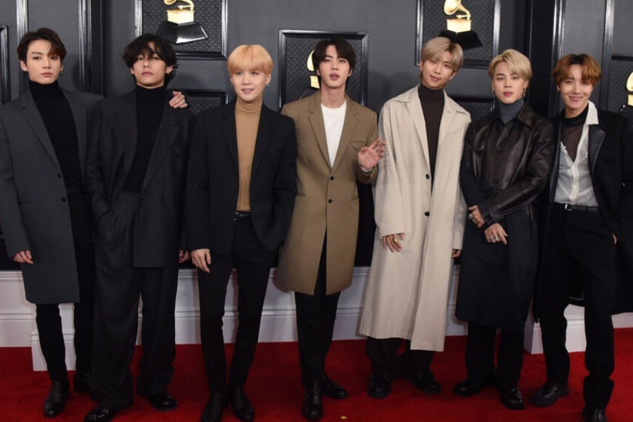 FILE - BTS arrives at the 62nd annual Grammy Awards in Los Angeles on Jan. 26, 2020. (Photo by Jordan Strauss/Invision/AP, File)