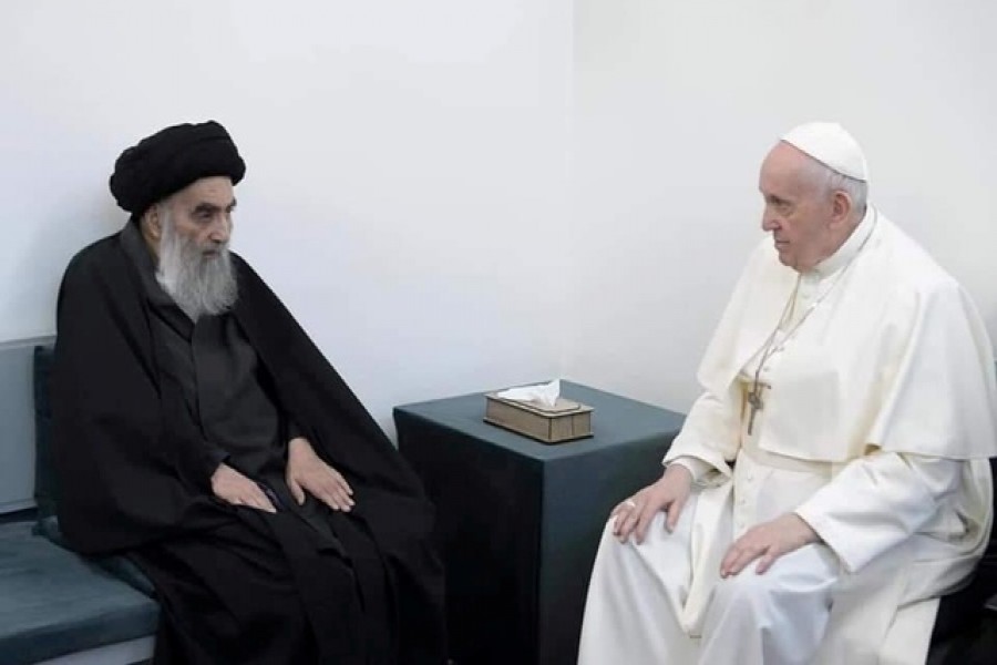 Pope Francis meets with Iraq's top Shi'ite cleric, Grand Ayatollah Ali al-Sistani, in Najaf, Iraq, March 6, 2021 — Reuters