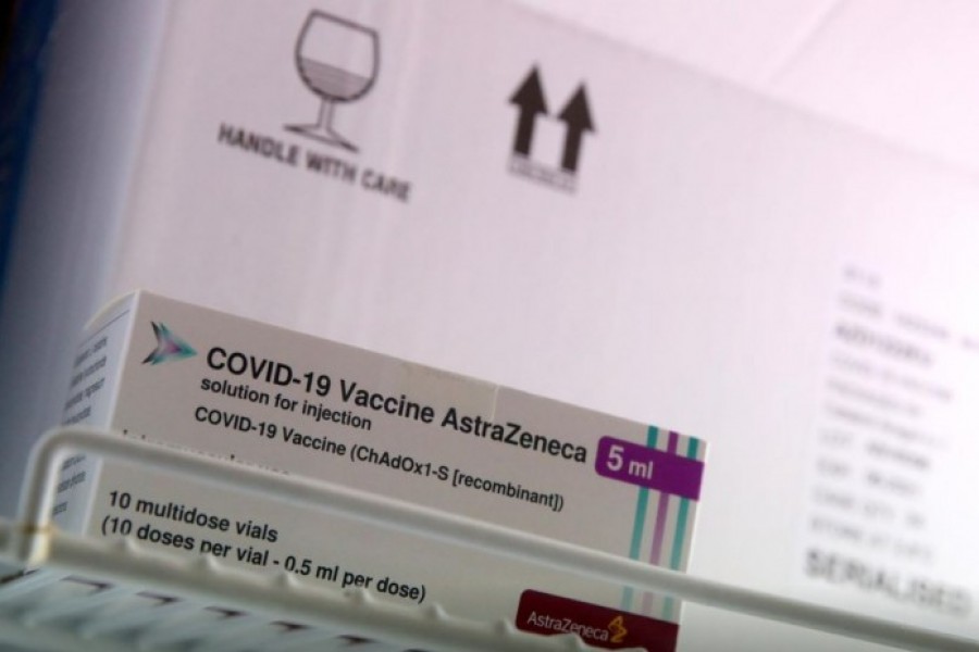 A box of AstraZeneca Covid-19 vaccine is seen in a fridge amid a vaccination campaign in Ronquieres, Belgium on March 15, 2021 — Reuters photo