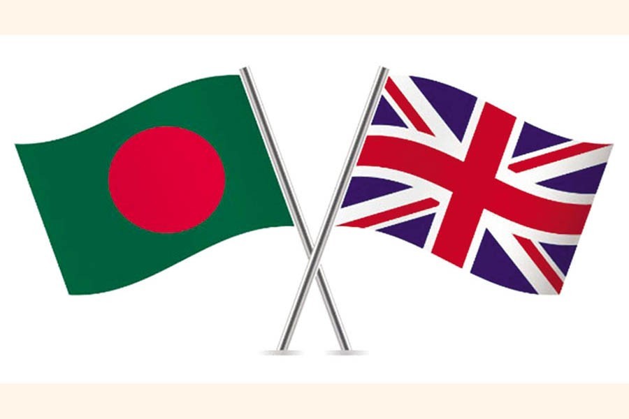 Flags of Bangladesh and the United Kingdom are seen cross-pinned in this photo symbolising friendship between the two nations