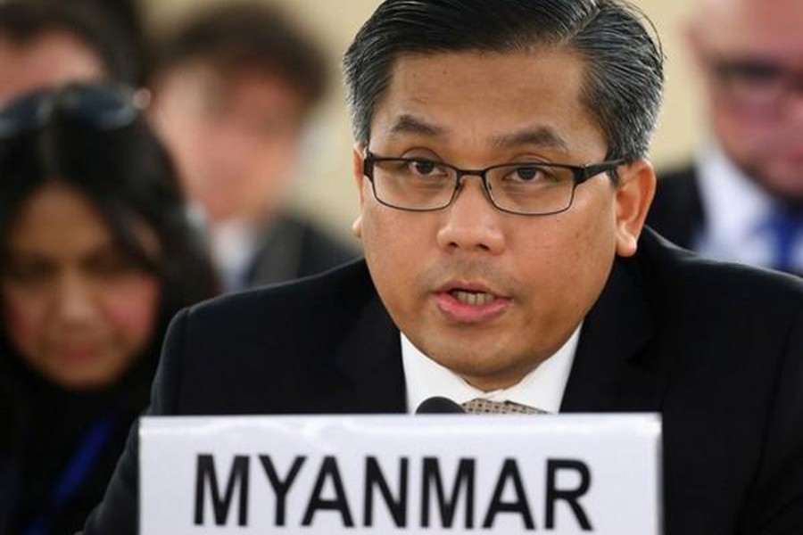 Myanmar's United Nations ambassador Kyaw Moe Tun addresses the UN Human Rights Council in Geneva, Switzerland on March 11, 2019 — Reuters/Files