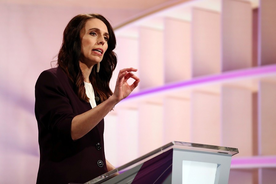 New Zealand Prime Minister Jacinda Ardern participates in a televised debate with National leader Judith Collins at TVNZ in Auckland, New Zealand, September 22, 2020. Fiona Goodall/Pool via REUTERS