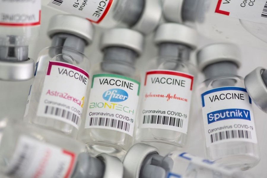 Vials labelled "AstraZeneca, Pfizer - Biontech, Johnson&Johnson, Sputnik V coronavirus disease (Covid-19) vaccine" are seen in this illustration picture taken on May 2, 2021 — Reuters/Files