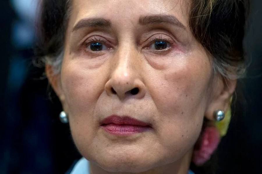 Myanmar's leader Aung San Suu Kyi waits to address judges of the International Court of Justice in The Hague, Netherlands in this file photo dated December 11, 2019 — AP