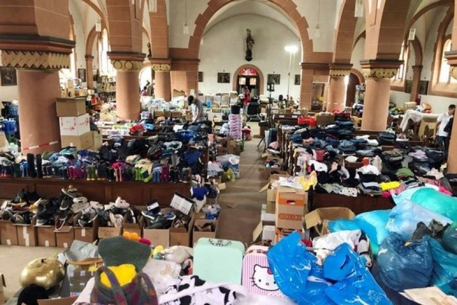 Donations for flood victims lie in the church of St. Nicholas and Rochus in Mayschoss, Germany, July 29, 2021 — Reuters