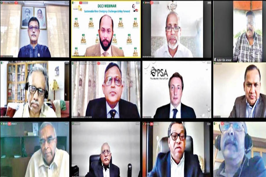 (From top left), State Minister for Shipping Khalid Mahmud Chowdhury attends as the chief guest a webinar titled "Sustainable River Dredging: Challenges and Way forward" organised by Dhaka Chamber of Commerce & Industry (DCCI) virtually on Saturday, with DCCI President Rizwan Rahman in the chair while former FBCCI president Md Shafiul Islam Mohiuddin and Senior Secretary of Ministry of Water Resources Kabir Bin Anwar spoke as special guests. Professor Emeritus at Centre for Climate Change and Environment Research under BRAC University Ainun Nishat (extreme left, middle row) presented the keynote paper