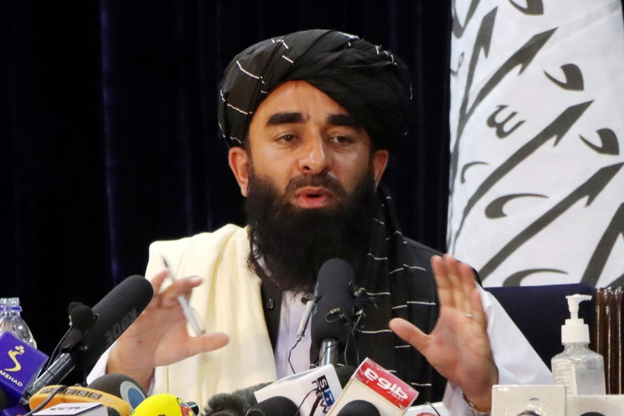 Taliban spokesman Zabihullah Mujahid speaks during a news conference in Kabul, Afghanistan on August 17, 2021 — Retuers/Files