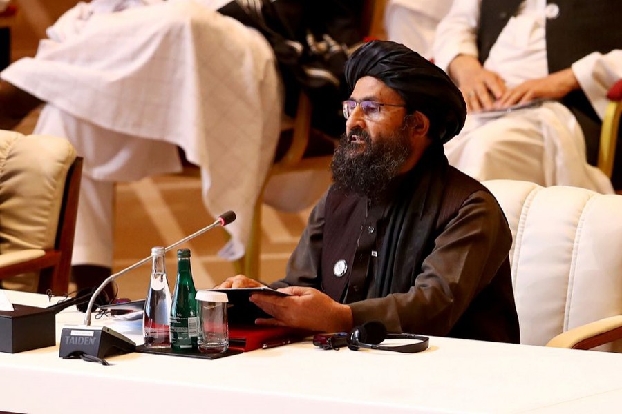 Mullah Abdul Ghani Baradar, the leader of the Taliban delegation, speaks during talks between the Afghan government and Taliban insurgents in Doha, Qatar on September 12, 2020 — Reuters/Files