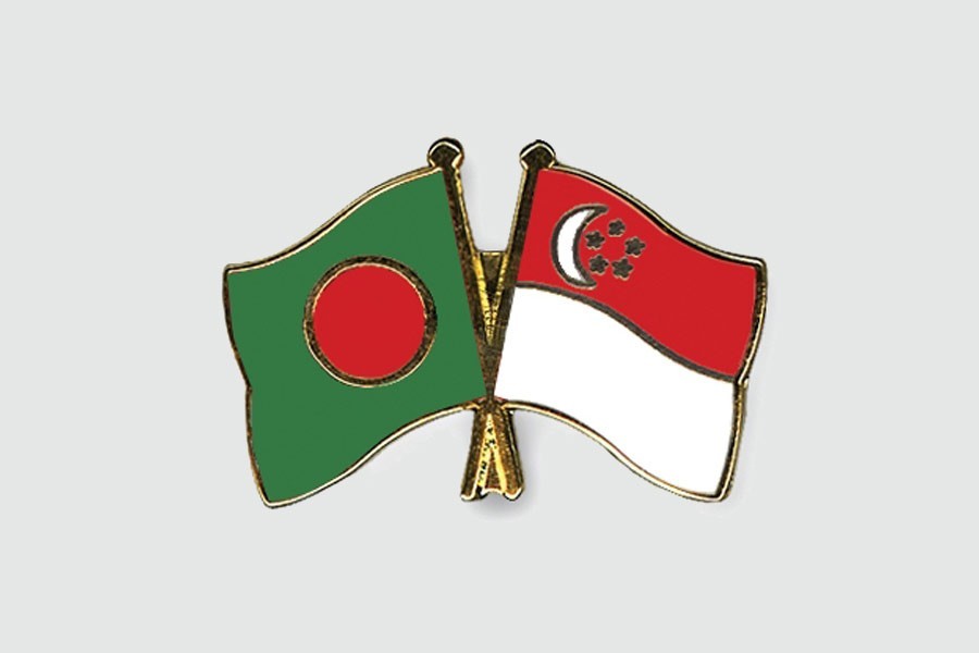 Flags of Bangladesh and Singapore are seen cross-pinned in this photo symbolising friendship between the two nations
