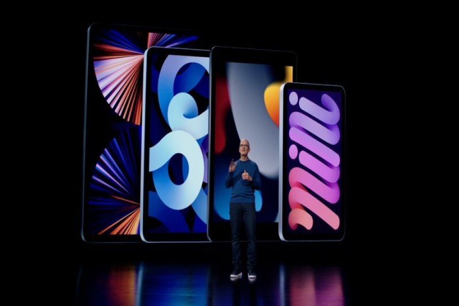 Apple CEO Tim Cook introduces the latest iPad and iPad mini to the iPad lineup during a special event at Apple Park in Cupertino, California broadcast September 14, 2021. Brooks Kraft/Apple Inc/Handout via REUTERS