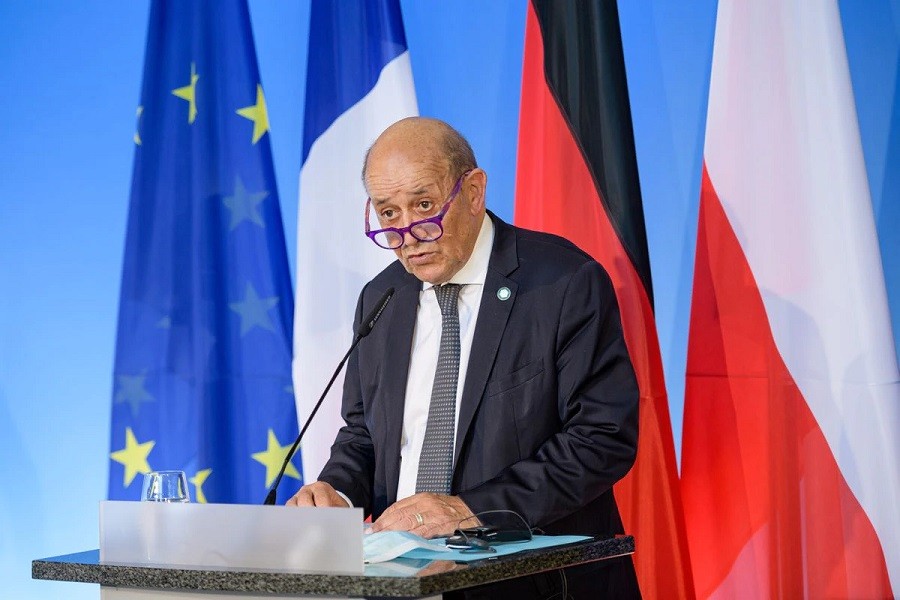 French Foreign Minister Jean-Yves Le Drian attends a joint news conference at the Bauhaus University in Weimar, Germany September 10, 2021 —Jens Schlueter/Pool via Reuters