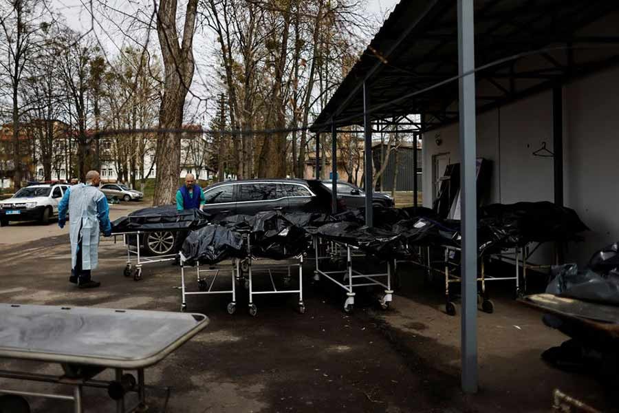 Bodies waiting to be identified by their families, amid Russia's invasion of Ukraine, are seen outside the morgue in Bucha in Kyiv region of Ukraine on April 20 this year –Reuters file photo