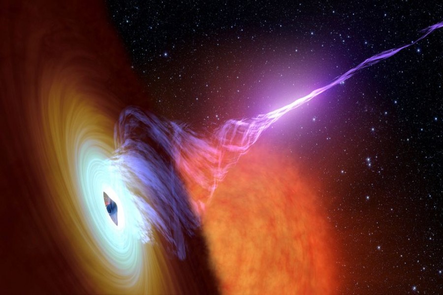 This artists concept released October 30, 2017 shows a black hole with an accretion disk - a flat structure of material orbiting the black hole ? and a jet of hot gas, called plasma. NASA/JPL-Caltech/Handout via REUTERS ATTENTION EDITORS - THIS IMAGE WAS PROVIDED BY A THIRD PARTY/File Photo
