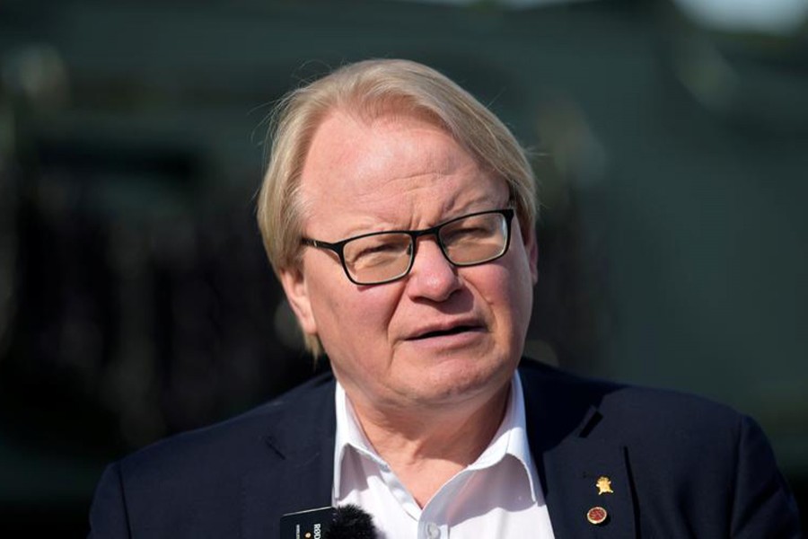 Swedish Defence Minister Peter Hultqvist speaks during a news conference at the military base in Adazi, Latvia on April 13, 2022 — Reuters/Files