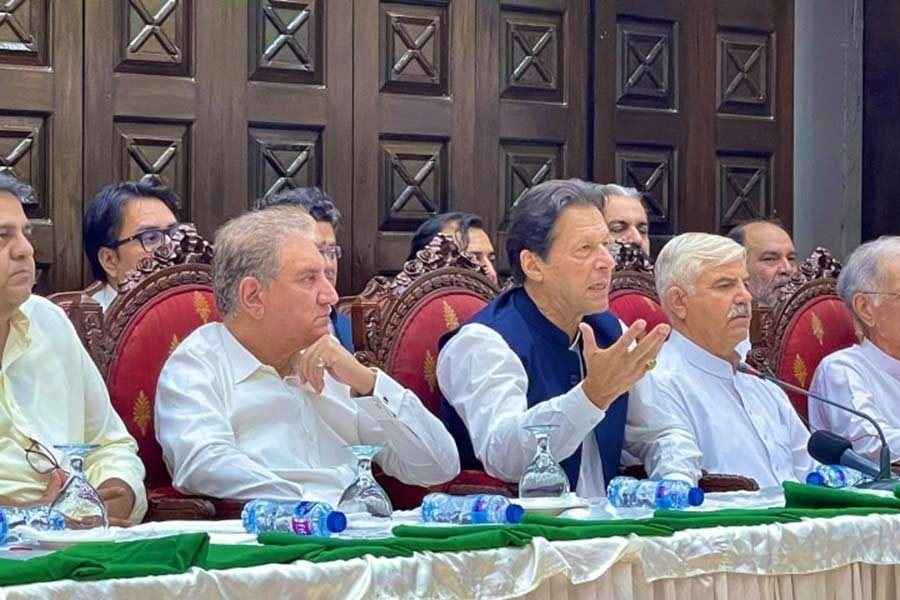 Pakistan’s former prime minister Imran Khan addressing a press conference in Peshawar on Sunday —PTI Twitter
