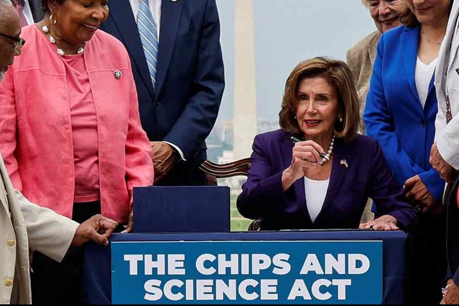US House Speaker Nancy Pelosi signing the CHIPS and Science Act of 2022 during a bill enrolment ceremony on Capitol Hill in Washington on July 29 this year –Reuters file photo