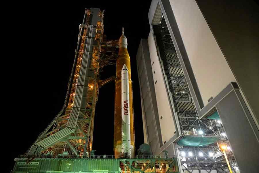 NASA’s next-generation moon rocket, the Space Launch System (SLS) rocket with its Orion crew capsule perched on top, leaving the Vehicle Assembly Building (VAB) on a slow-motion journey to its launch pad at Cape Canaveral in Florida of United States on Tuesday –Reuters photo